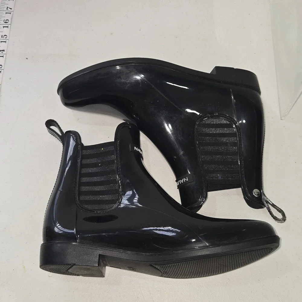 Nautica Cliff Comfort Lurex Black Glossy Rain Boots Womens Size 9 Chelsea Ankle